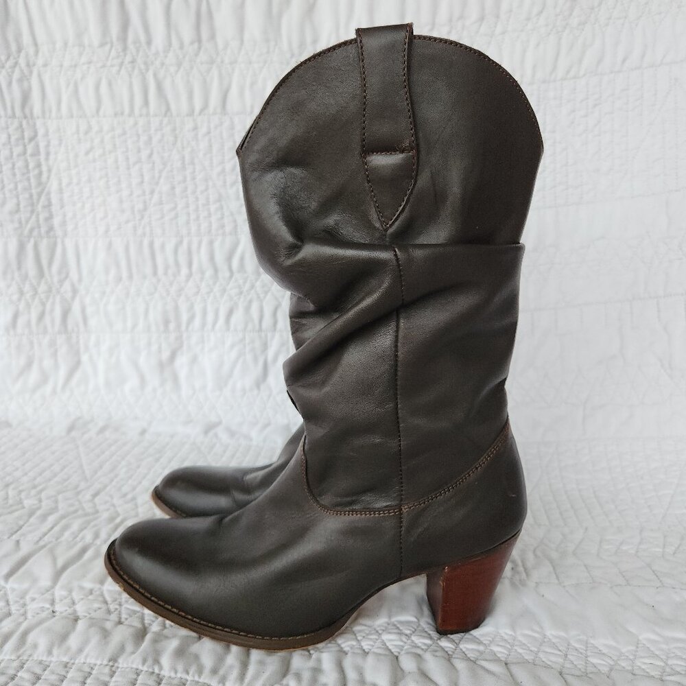 Vintage Leather Western Boots Dark Brown• Chunky Heel • Slouchy Cowboy Style 8.5